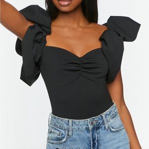 Forever21 Crepe Puff Sleeve Sweetheart Bodysuit